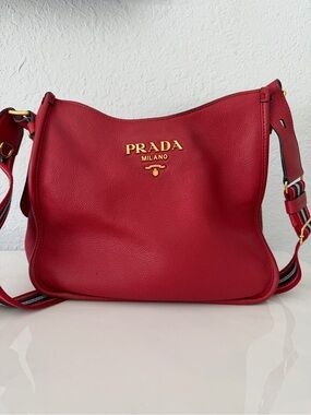 Prada Red Pebbled Leather Shoulder Bag with Gold Logo